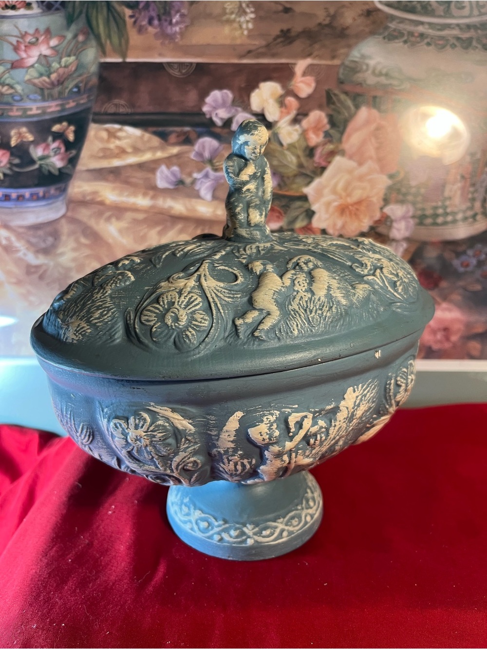 Decorative Covered Urn - Blue and Cream Home Art Accent